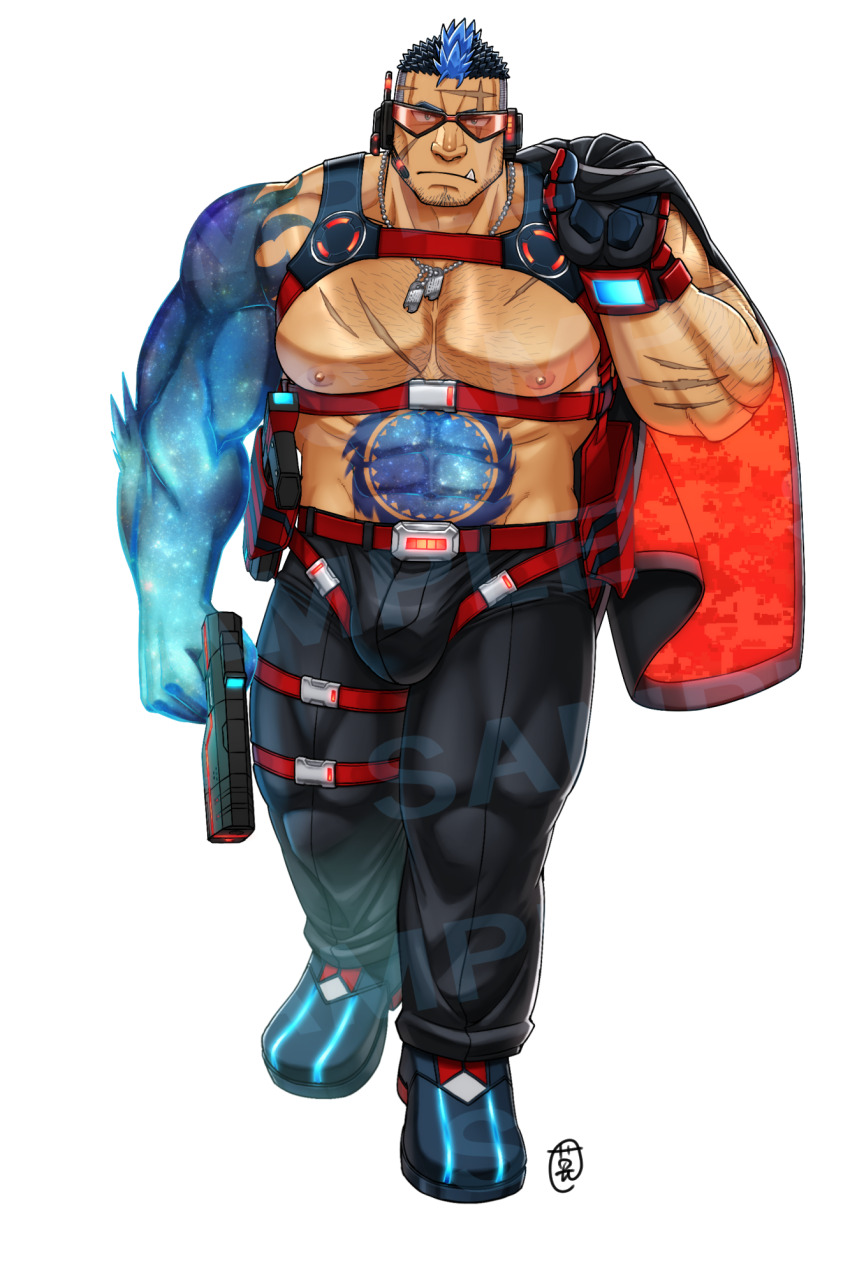 1boy abs bara bare_pectorals beard_stubble belt blue_hair bulge bulge_lift chest_harness cross_scar dog_tags ei_(marutendon) facial_hair facial_scar full_body glowing_skin goggles gradient_skin gun hairy harness highres holding holding_gun holding_weapon huge_pectorals live_a_hero looking_at_viewer male_focus mature_male merchandise_available multicolored_hair multiple_belts muscular muscular_male nipples pectorals scar scar_on_cheek scar_on_face scar_on_forehead short_hair solo sparse_arm_hair sparse_chest_hair strongman_waist stubble thick_eyebrows thick_thighs thighs tusks two-tone_hair undercut walking weapon white_background yoshiori_(live_a_hero)