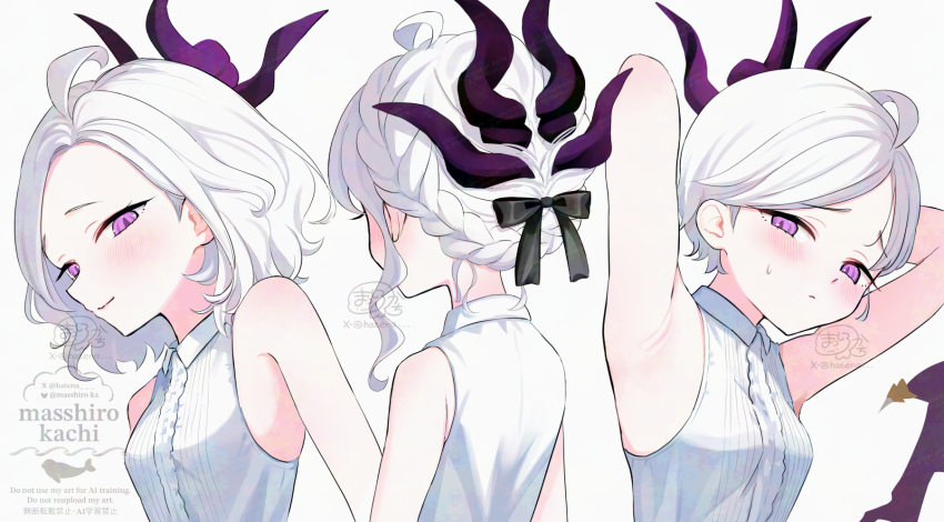 alternate_hairstyle armpits blue_archive blush breasts closed_mouth commentary_request demon_horns hair_ribbon highres hina_(blue_archive) horns masshirokachi purple_eyes ribbon sidelocks sleeveless smile white_background white_hair white_sleeves wings