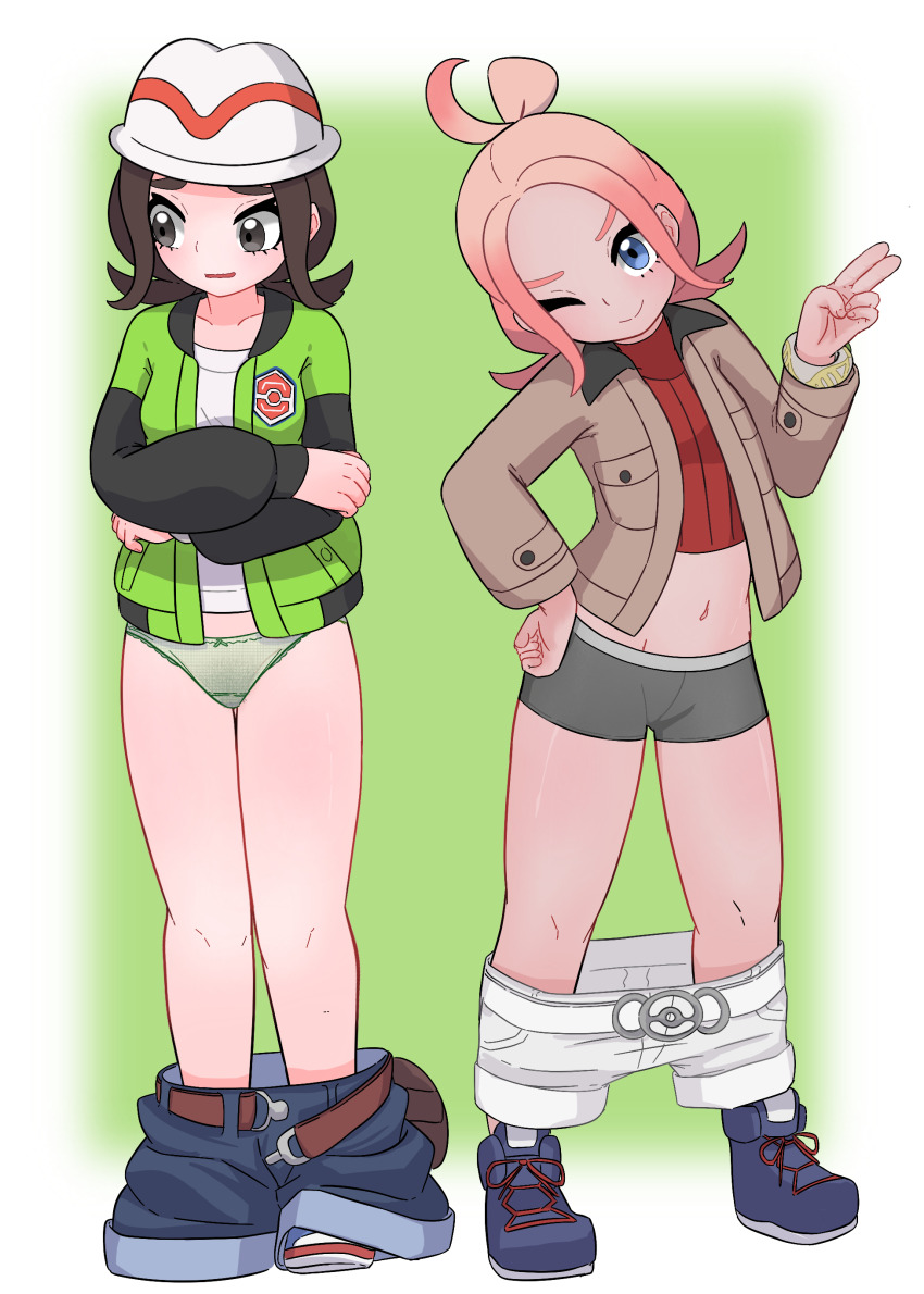 2girls artist_request backpack bag bell-bottoms belt blue_eyes bow bow_panties boyshort_panties breasts brown_eyes brown_hair brown_jacket clenched_hands clothes_pull collarbone cropped_shirt crossed_arms denim embarrassed eyebrows eyelashes female_focus fingernails flat_chest forehead friends full_body gradient_background gradient_hair green_background green_jacket green_panties grey_panties groin hand_on_own_hip hand_up happy harmony_(pokemon) hat head_tilt highres jacket jeans knees legs legs_together loli long_sleeves looking_at_viewer looking_to_the_side matching_hair/eyes medium_hair mega_ring midriff multicolored_hair multiple_girls navel neck nintendo one_eye_closed open_belt open_clothes open_jacket orange_hair panties pants pants_pull parted_bangs parted_lips pigeon-toed pink_hair pokemon pokemon_legends:_z-a porkpie_hat shirt shoes short_shorts shorts sidelocks small_breasts smile sneakers standing taunie_(pokemon) thighs topknot underwear unworn_backpack unworn_bag v white_shirt white_shorts wink