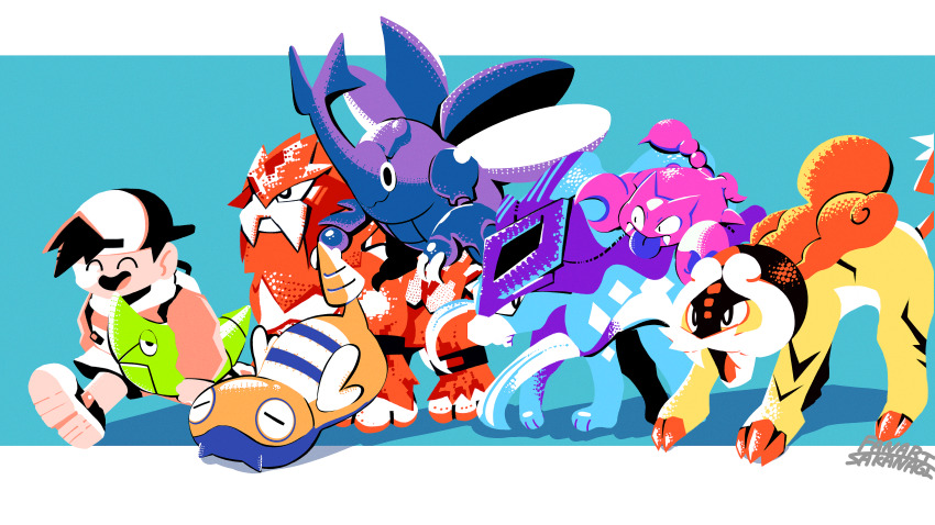 1boy absurdres antennae backwards_hat baseball_cap creatures_(company) dunsparce entei ethan_(pokemon) fangs game_freak gen_1_pokemon gen_2_pokemon gligar hat heracross highres horns insect_wings legendary_pokemon metapod nintendo pokemon pokemon_(creature) pokemon_gsc raikou sakanagi_(a_r_co) signature suicune tongue tongue_out wings
