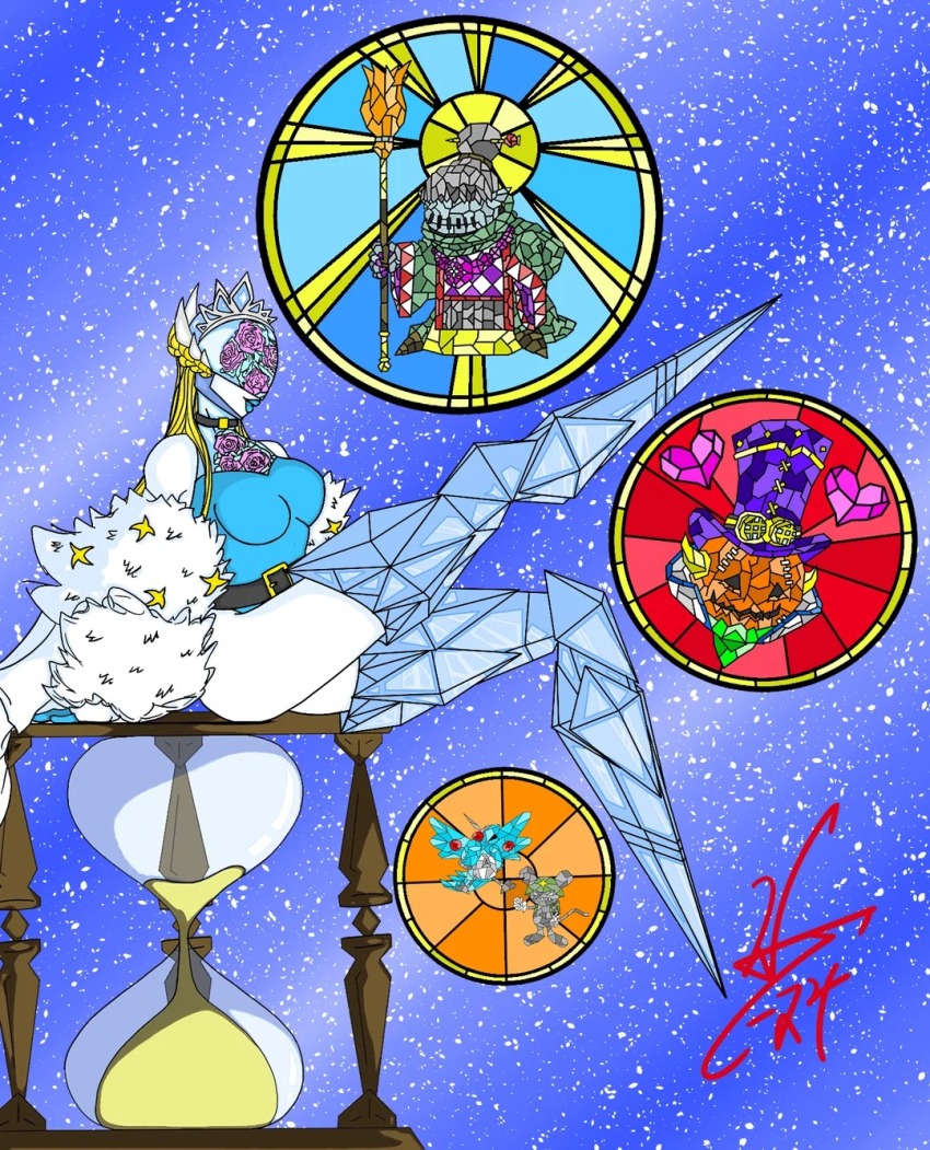 1girl ass babamon belt blue_leotard breasts cendrillmon cendrillmon&#039;s_bird cendrillmon&#039;s_mouse curvy digimon digimon_(creature) digimon_liberator highleg highleg_leotard highres leotard long_hair noblepumpmon sparkle very_long_hair wide_hips