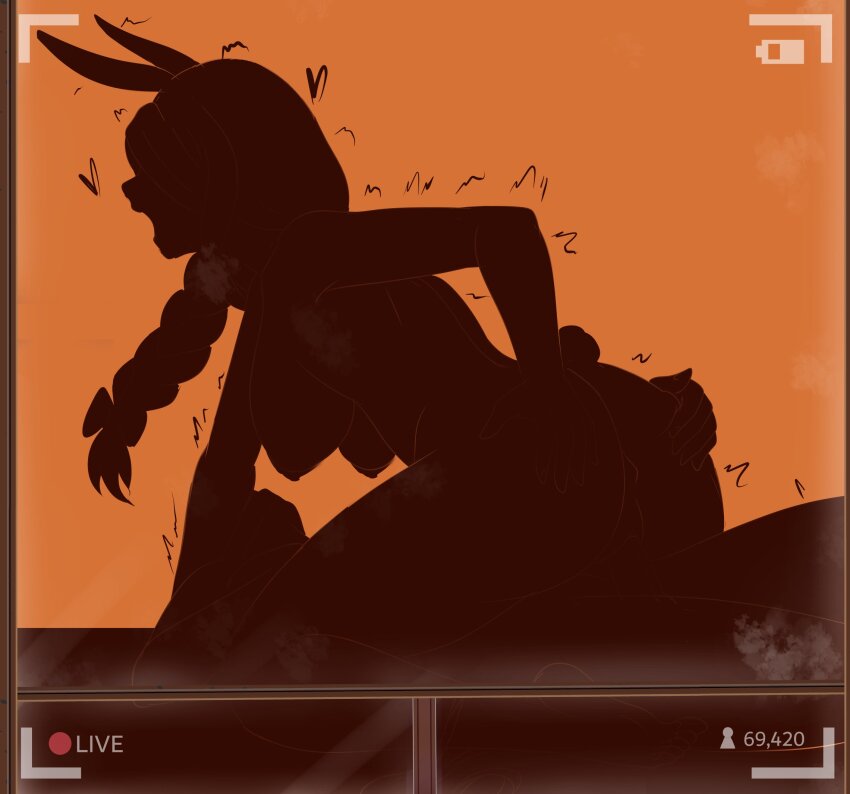 1boy 1girl animal_ears ass braid breasts completely_nude cowgirl_position fuzzlogik grabbing_another&#039;s_ass groping heart hetero highres hololive large_breasts livestream long_hair motion_lines nude open_mouth orange_background pekomama rabbit_ears rabbit_girl rabbit_tail recording sex silhouette simple_background straddling tail vaginal virtual_youtuber