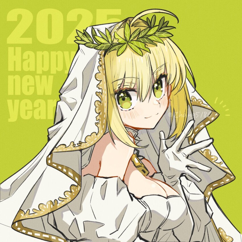 1girl 2025 artist_name bare_shoulders blonde_hair breasts bridal_veil bride cleavage detached_collar detached_sleeves dress fate/grand_order fate_(series) green_background green_eyes hair_between_eyes hair_intakes happy_new_year highres lock nero_claudius_(bride)_(fate) nero_claudius_(fate) new_year padlock puffy_sleeves sidelocks smile solo veil waving wedding_dress wreath zhang5180