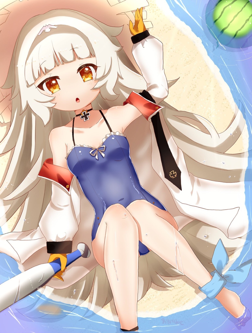 azur_lane bandana bare_shoulders baseball_bat beach blue_one-piece_swimsuit blush breasts choker collar collared_jacket commentary_request covered_navel cross food fruit gloves hat highres holding holding_baseball_bat hugging_own_legs iron_cross jacket knees_up long_hair looking_at_viewer lying makalo_ni_hakase mole mole_under_eye necktie on_back one-piece_swimsuit open_clothes open_jacket open_mouth outdoors red_collar sand shiny_skin small_breasts solo straw_hat swimsuit very_long_hair water watermelon wet wet_clothes white_hair white_jacket yellow_eyes yellow_gloves z46_(azur_lane) z46_(her_first_summer)_(azur_lane)