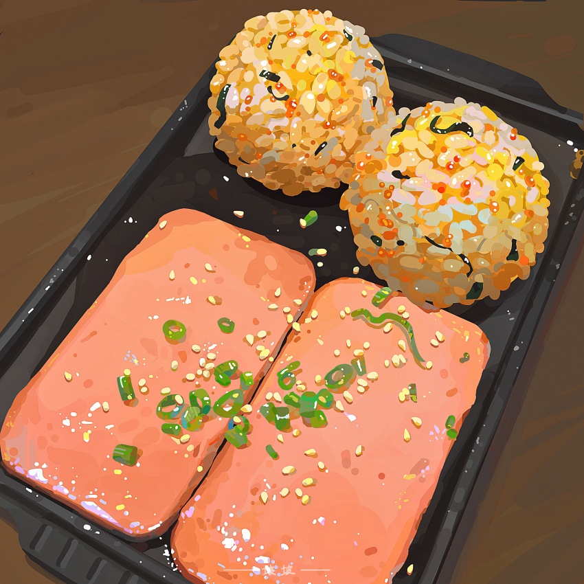 absurdres chinese_commentary chopped_spring_onion commentary_request food food_focus food_request highres meat no_humans original ou-popo painterly realistic rice shadow still_life table tray