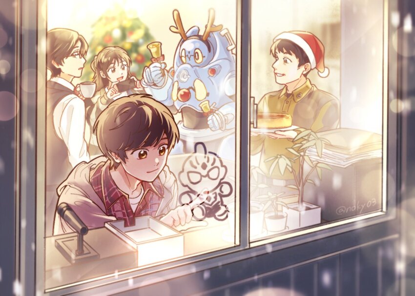 1girl 1other 3boys antlers ban_hiroshi bell black_vest brown_eyes brown_hair christmas christmas_ornaments christmas_tree coffee collared_shirt condensation cup fake_horns food from_outside glasses green_shirt grey_jacket handbell hat hize_yuuma holding holding_bell holding_cup horns ishidou_shuu jacket long_hair m78_fuwafuwa microphone multiple_boys natsume_rin_(ultraman_arc) noky03 one_eye_closed paper_stack plaid_clothes plaid_shirt plant potted_plant pudding reindeer_antlers santa_hat shirt snowing twitter_username two-tone_shirt ultra_series ultraman_arc ultraman_arc_(series) undershirt vest white_shirt white_undershirt window window_fog wing_collar youpi_(ultraman_arc)