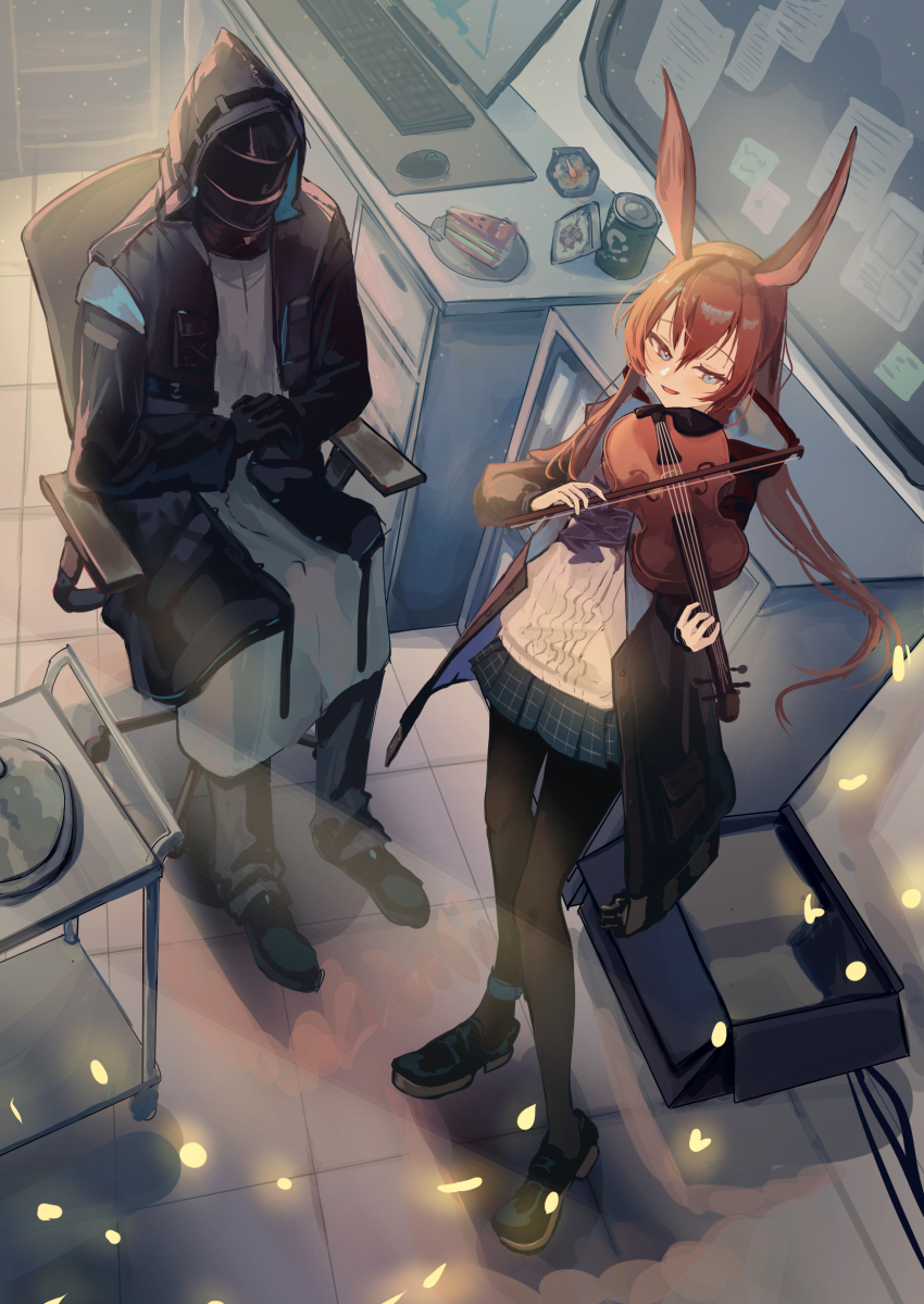 1girl 1other :d absurdres amiya_(arknights) animal_ears arknights black_footwear black_jacket black_pants black_pantyhose blue_eyes blue_skirt bow_(music) brown_hair cake commentary_request computer doctor_(arknights) food hair_between_eyes highres holding holding_bow_(music) holding_instrument holding_violin hood hooded_coat indoors instrument jacket long_hair long_sleeves miniskirt music natsuba002 open_clothes open_jacket open_mouth pants pantyhose plaid_clothes plaid_skirt plate playing_instrument ponytail rabbit_ears shadow shirt shoes skirt smile swivel_chair violin white_shirt