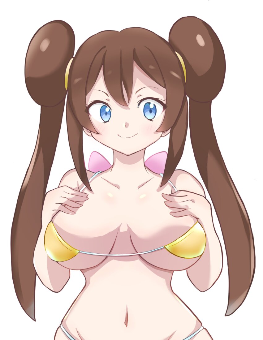 absurdres alternate_costume bikini blue_eyes breasts brown_hair donut_hair_bun double_bun hair_bun highres large_breasts nintendo pokemon pokemon_bw2 retori_tori rosa_(pokemon) swimsuit twintails