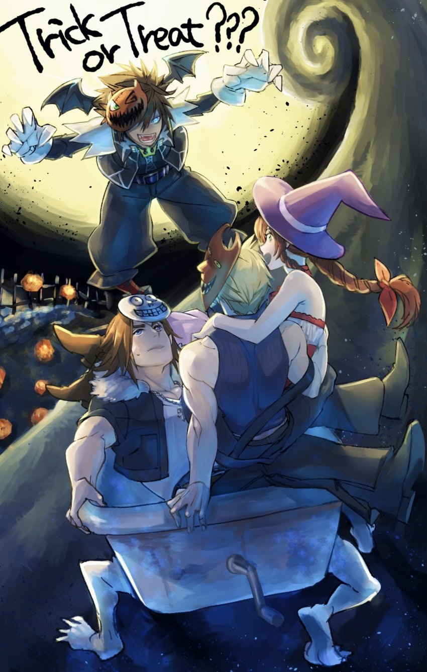 1girl 3boys aerith_gainsborough arm_around_back arm_around_neck baggy_pants bare_arms barrel_(nbc) bat_wings bathtub black_footwear black_jacket black_pants blue_eyes braid braided_ponytail claw_foot_bathtub cloud_strife cropped_jacket dress facing_away fangs final_fantasy final_fantasy_vii final_fantasy_vii_advent_children final_fantasy_viii full_body gloves hair_ornament hair_ribbon halloween halloween_costume halter_dress halterneck hat head_wings highres jack-o&#039;-lantern jack-o&#039;-lantern_hair_ornament jacket kingdom_hearts kingdom_hearts_ii lock_(nbc) long_hair looking_up mask mask_on_head medium_hair multiple_boys muscular muscular_male official_alternate_costume one_eye_covered open_mouth pants pink_dress purple_headwear ribbon ryouto shirt shock_(nbc) short_hair short_sleeves sidelocks sitting sitting_on_lap sitting_on_person sleeveless sleeveless_shirt smile sora_(halloween_town)_(kingdom_hearts) sora_(kingdom_hearts) spiked_hair squall_leonhart strap_slip sweatdrop the_nightmare_before_christmas trick_or_treat white_gloves wings witch_hat