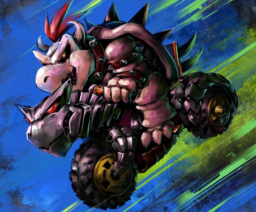 1boy armlet bowser bracelet claws commentary disutihada driving dry_bowser from_side glowing glowing_eye highres horns jewelry male_focus mario_(series) mario_kart motion_lines motor_vehicle motorcycle multicolored_background nintendo on_motorcycle open_mouth red_hair riding sharp_teeth short_hair solo speed_lines spiked_armlet spiked_bracelet spiked_shell spikes teeth turtle_shell yellow_eyes