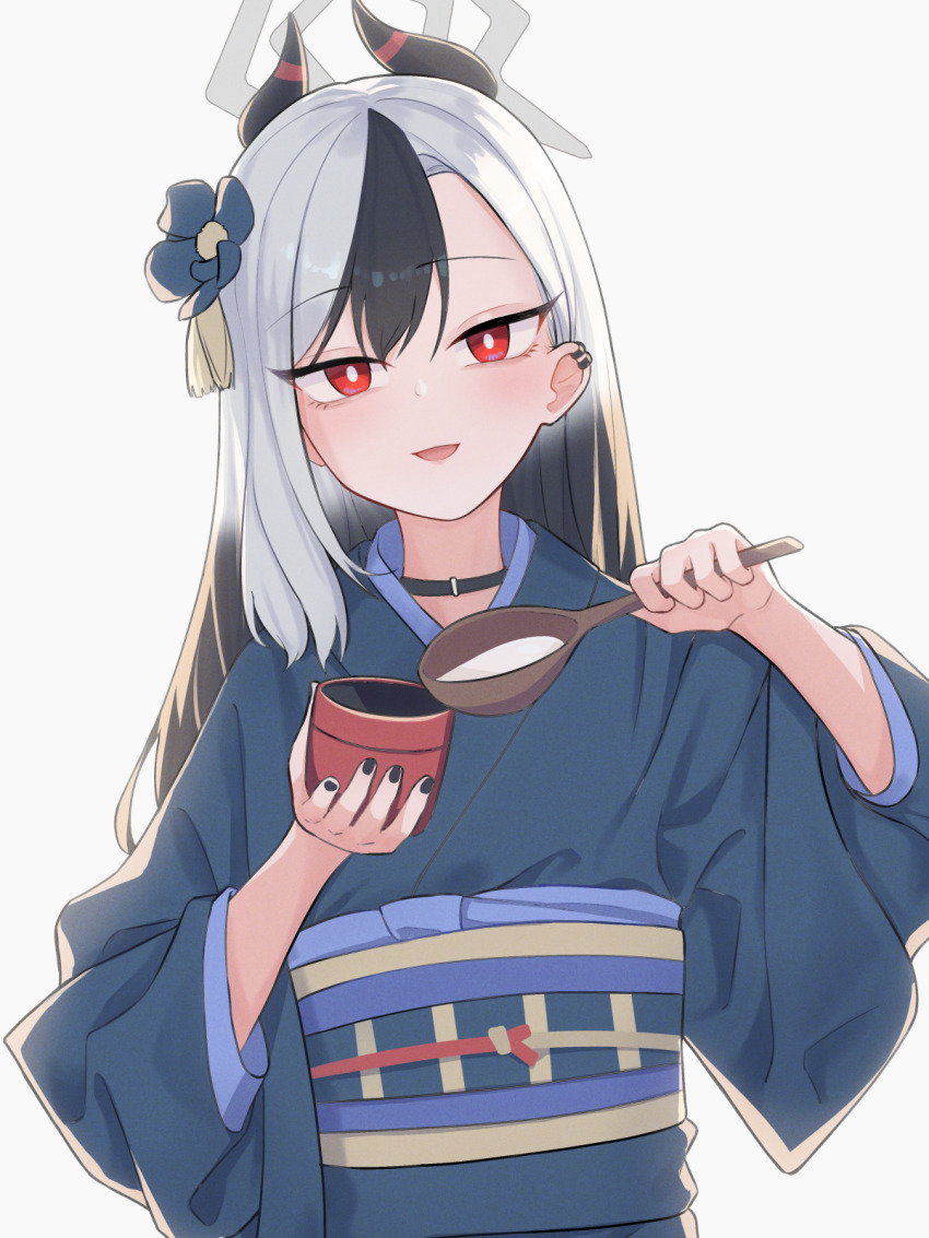 1girl aoore_x64 black_choker black_hair black_horns black_nails blue_archive blue_kimono choker commentary demon_horns ear_piercing flower grey_hair hair_flower hair_ornament halo highres holding holding_spoon horns japanese_clothes kayoko_(blue_archive) kayoko_(new_year)_(blue_archive) kimono long_hair long_sleeves looking_at_viewer obi official_alternate_costume official_alternate_hairstyle open_mouth piercing red_eyes sash shamoji simple_background solo spoon standing swept_bangs symbol-only_commentary white_background