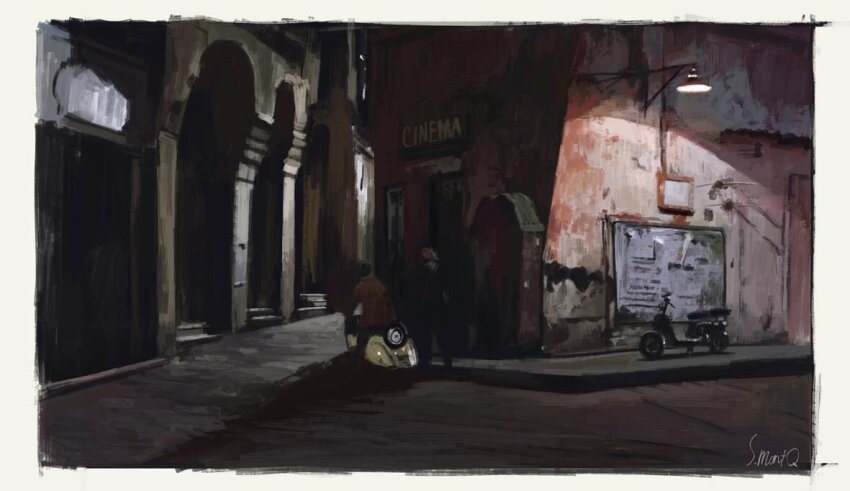 2boys alley arch dark motor_vehicle multiple_boys night original people road scenery shadow slow_d street wall_lamp