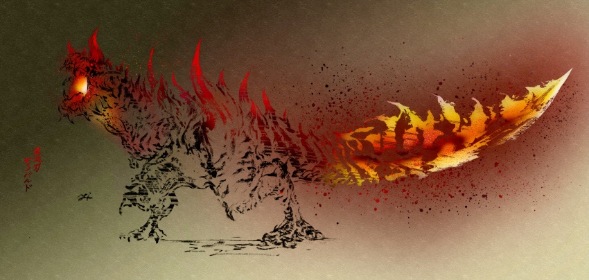 absurdres calligraphy deadpool_yuchan digitigrade dinosaur embers fire full_body glavenus glowing glowing_mouth glowing_tail gradient_background hellblade_glavenus highres horns monster monster_focus monster_hunter_(series) monster_hunter_x open_mouth partially_colored red_eyes sharp_tail sharp_teeth signature spikes sumi-e tail teeth