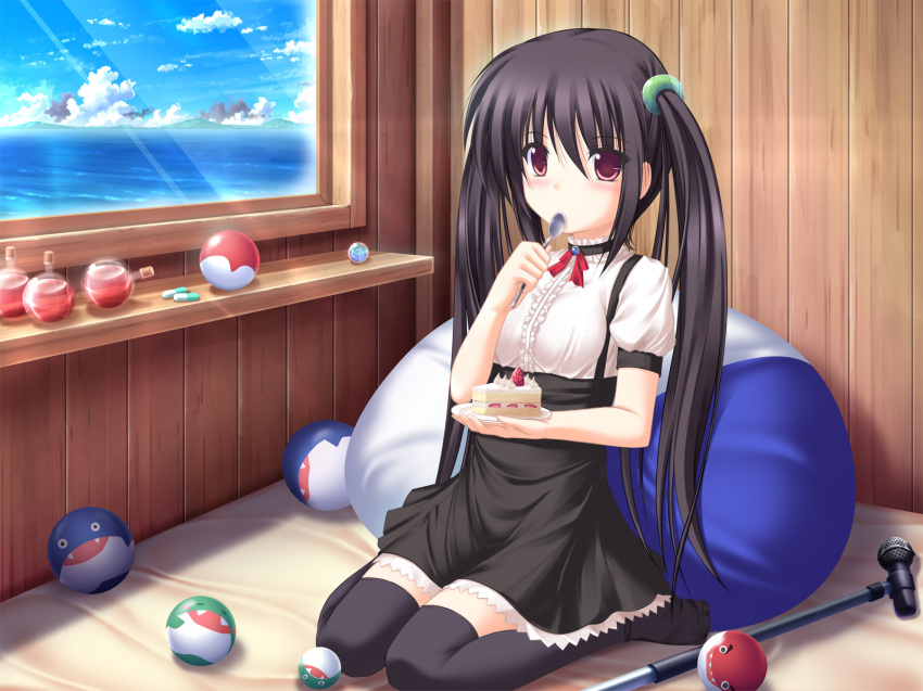 1girl black_hair black_thighhighs cake choker dolfini female_focus flask food gothic_lolita highres kageira kooh lolita_fashion long_hair microphone_stand pangya pastry pillow red_eyes round-bottom_flask solo thighhighs twintails zettai_ryouiki