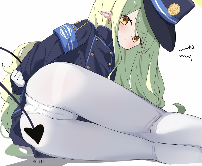 1girl armband arms_behind_back ass blue_archive blue_armband blush demon_tail earrings green_hair hat highres hikari_(blue_archive) jacket jewelry legs loli long_hair lying on_side panties panties_under_pantyhose pantyhose pointy_ears solo tail thighs tttlr underwear white_background