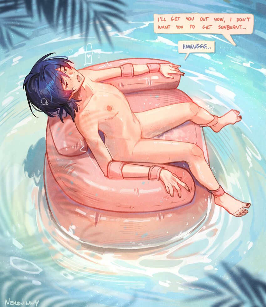 1boy barefoot black_hair bound bound_arms bound_legs closed_mouth completely_nude cuntboy cuntboy_only feet genshin_impact hair_between_eyes highres innertube male_focus nekojinnyart nipples nude purple_hair scar scar_on_chest scaramouche_(genshin_impact) short_hair solo swim_ring toes