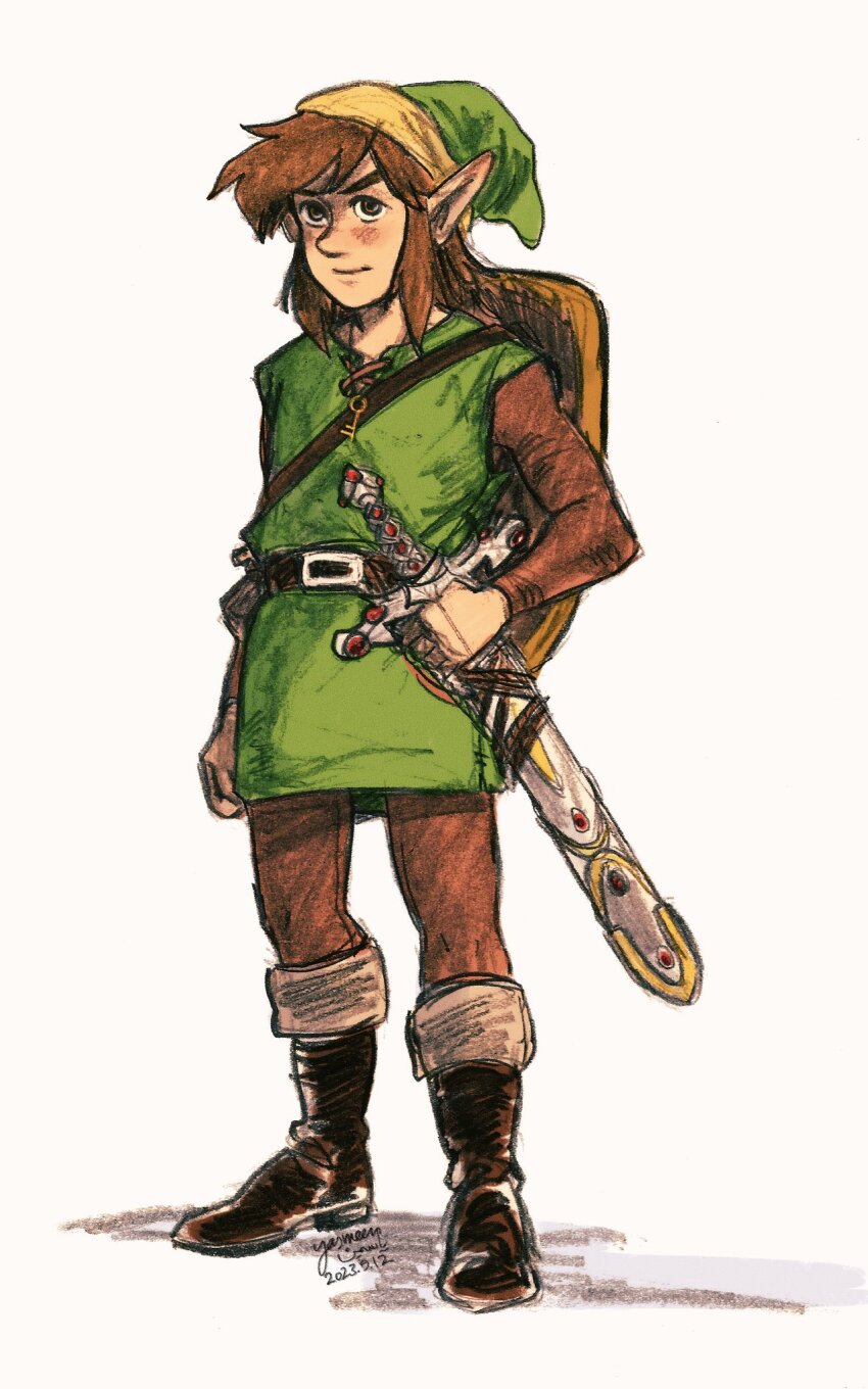 1boy belt brown_eyes brown_hair elf full_body hat highres holding holding_sword holding_weapon link nintendo pointy_ears sidelocks smile standing sword the_legend_of_zelda weapon zelda_ii:_the_adventure_of_link