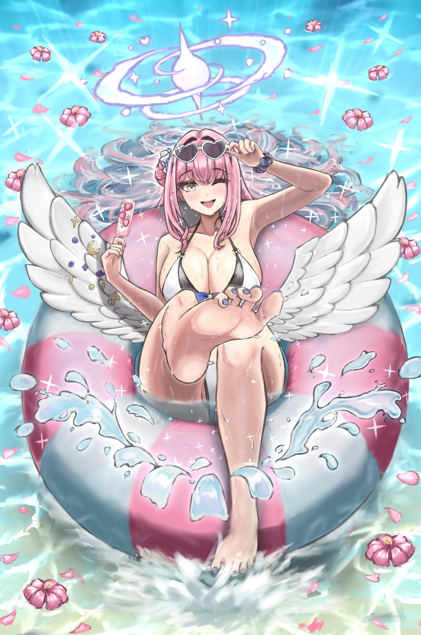 1girl absurdres adjusting_eyewear angel_wings barefoot bikini blue_archive breasts cleavage feet flower food foot_focus full_body halo highres holding holding_food holding_popsicle huge_breasts innertube large_breasts low_wings mika_(blue_archive) nail_polish ocean popsicle rag76 smile soles solo swim_ring swimsuit toenail_polish toenails water wet wet_hair white_bikini wings