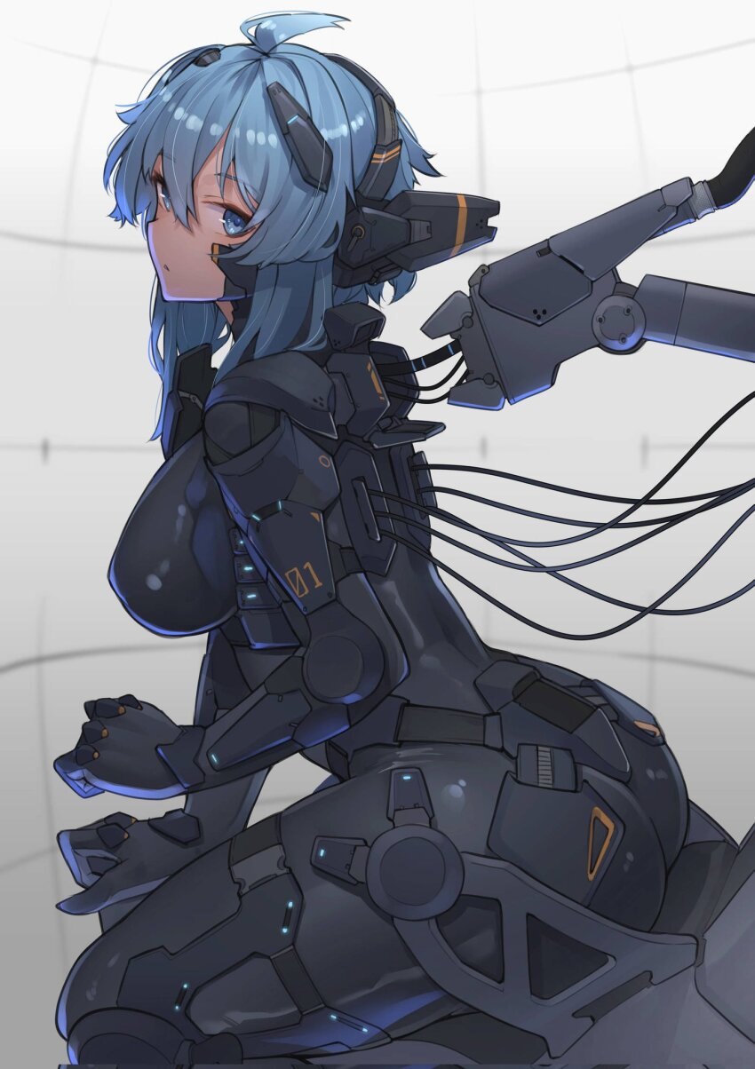 1girl ahoge ass blue_eyes blue_hair breasts hair_ornament headphones highres large_breasts looking_at_viewer mecha_pilot_suit numbered original plugsuit_(evangelion) rabbit_ears_antenna ringobatake short_hair solo thighs wire