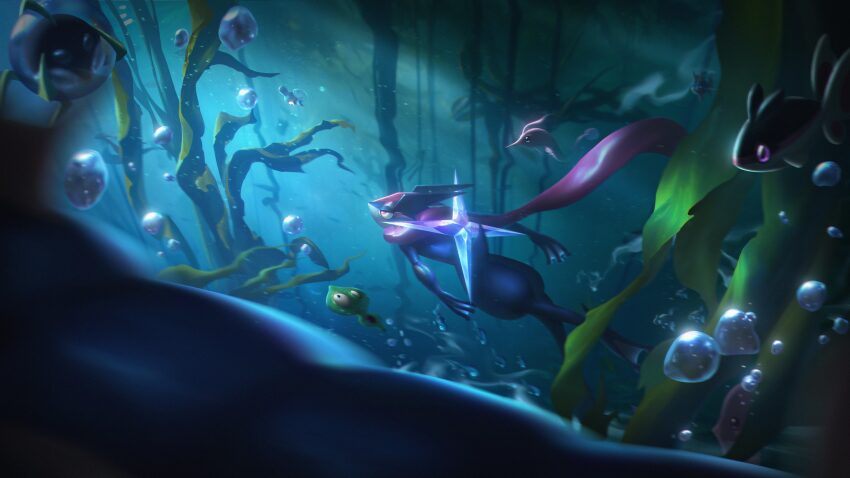 absurdres air_bubble araquanid ash-greninja blurry blurry_foreground bubble carvanha finneon gen_1_pokemon gen_2_pokemon gen_3_pokemon gen_4_pokemon gen_6_pokemon gen_7_pokemon gorebyss greninja gyarados highres legendary_pokemon luvdisc milotic mudkip nintendo pokemon pokemon_(creature) remoraid seaweed swimming underwater wer_(no0701) wishiwashi zygarde zygarde_cell