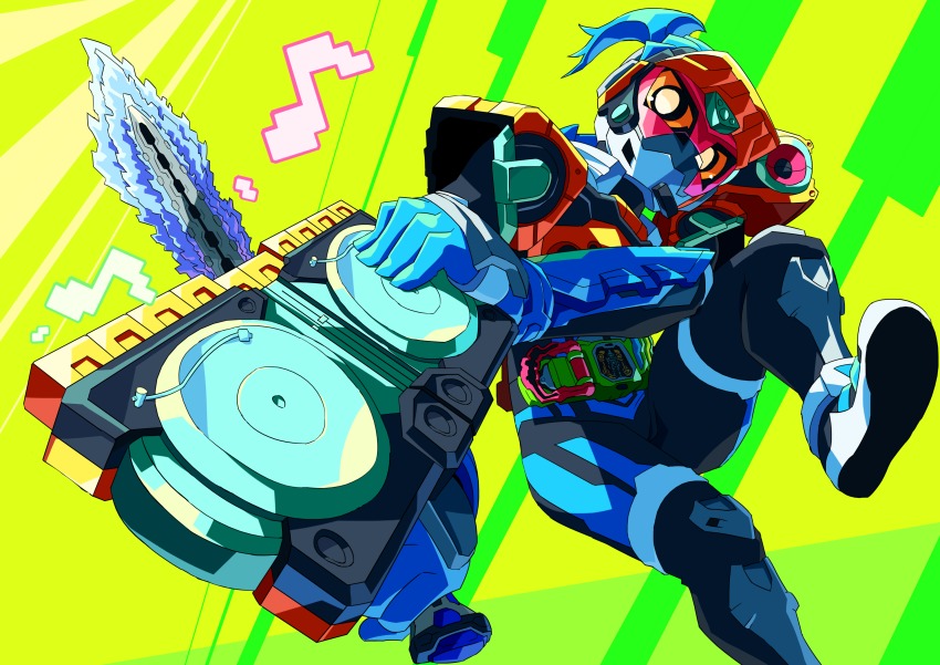 absurdres armor belt commentary_request doremifa_beat_level_2 gashacon_sword highres kamen_rider kamen_rider_brave kamen_rider_ex-aid_(series) otokamu phonograph quest_gamer_level_3 speaker sword turntable visor_cap weapon