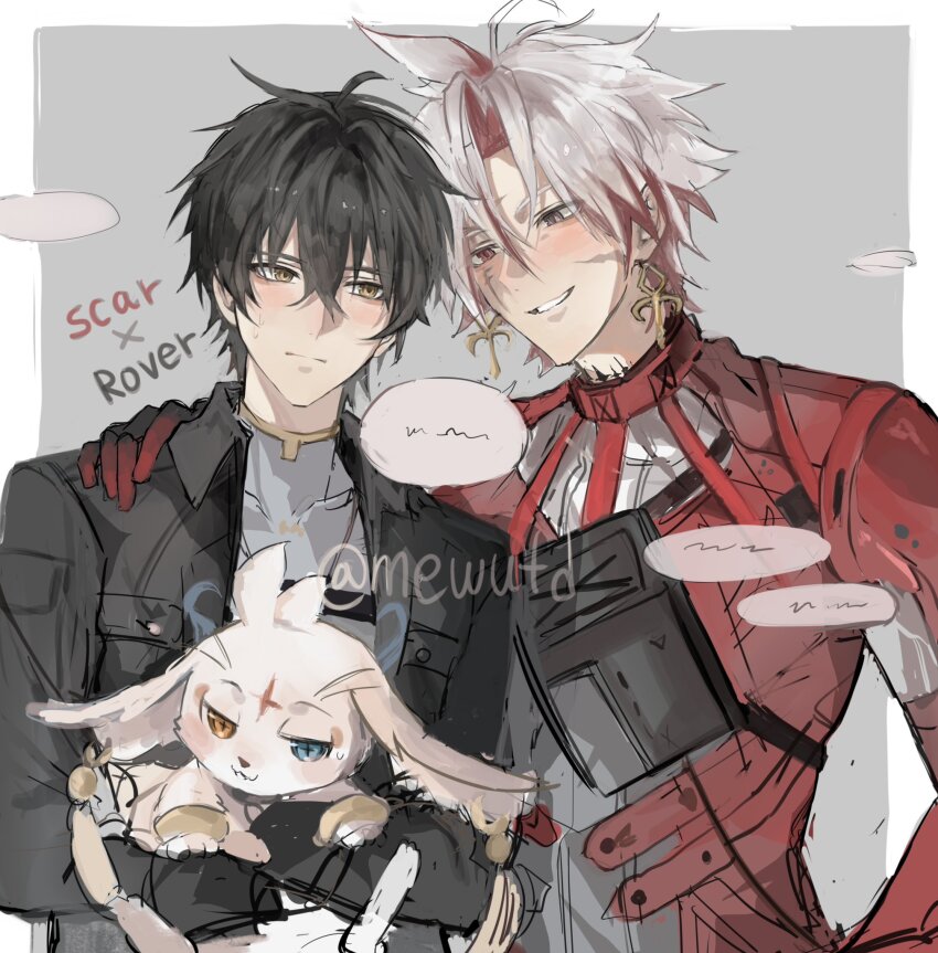 2boys animal animal_ears animal_nose antenna_hair black_hair black_jacket blue_eyes blush bodysuit border bracelet breast_pocket character_name closed_mouth coat covered_collarbone crossed_arms earrings gold_bracelet gold_earrings grey_background grey_bodysuit grey_eyes grey_hair grey_shirt hair_between_eyes half-closed_eyes heterochromia highres holding holding_animal jacket jewelry long_sleeves looking_at_another male_focus male_rover_(wuthering_waves) mewutd multicolored_hair multiple_boys necklace open_clothes open_jacket outside_border pink_fur pocket red_coat red_eyes red_hair rover_(wuthering_waves) scar scar_(wuthering_waves) scar_across_eye scar_on_face shirt short_hair simple_background smile speech_bubble sweatdrop sword_earrings t-shirt talking tassel tassel_earrings teeth two-tone_hair upper_body white_border wuthering_waves yellow_eyes