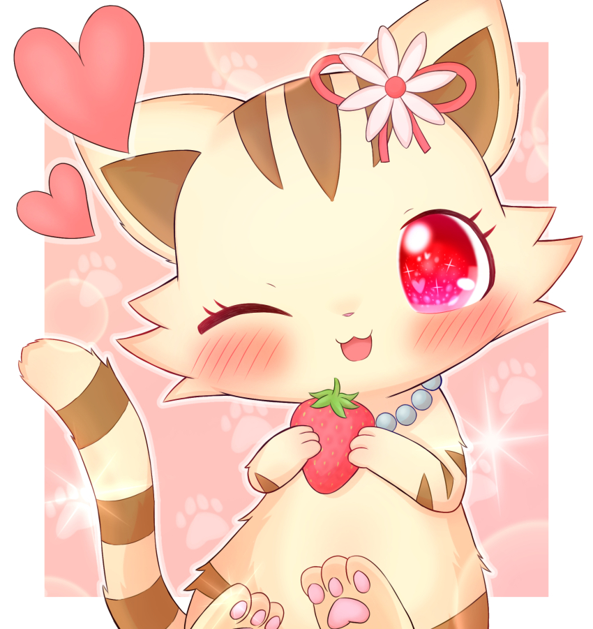 animal_focus animalization blush border cat commentary_request flower food fruit hair_flower hair_ornament heart highres jewelpet_(creature) jewelpet_(series) looking_at_viewer no_humans one_eye_closed paw_print pawpads red_eyes rope_(pixiv_86609436) sango_(jewelpet) sitting solo sparkling_eyes strawberry tail white_border