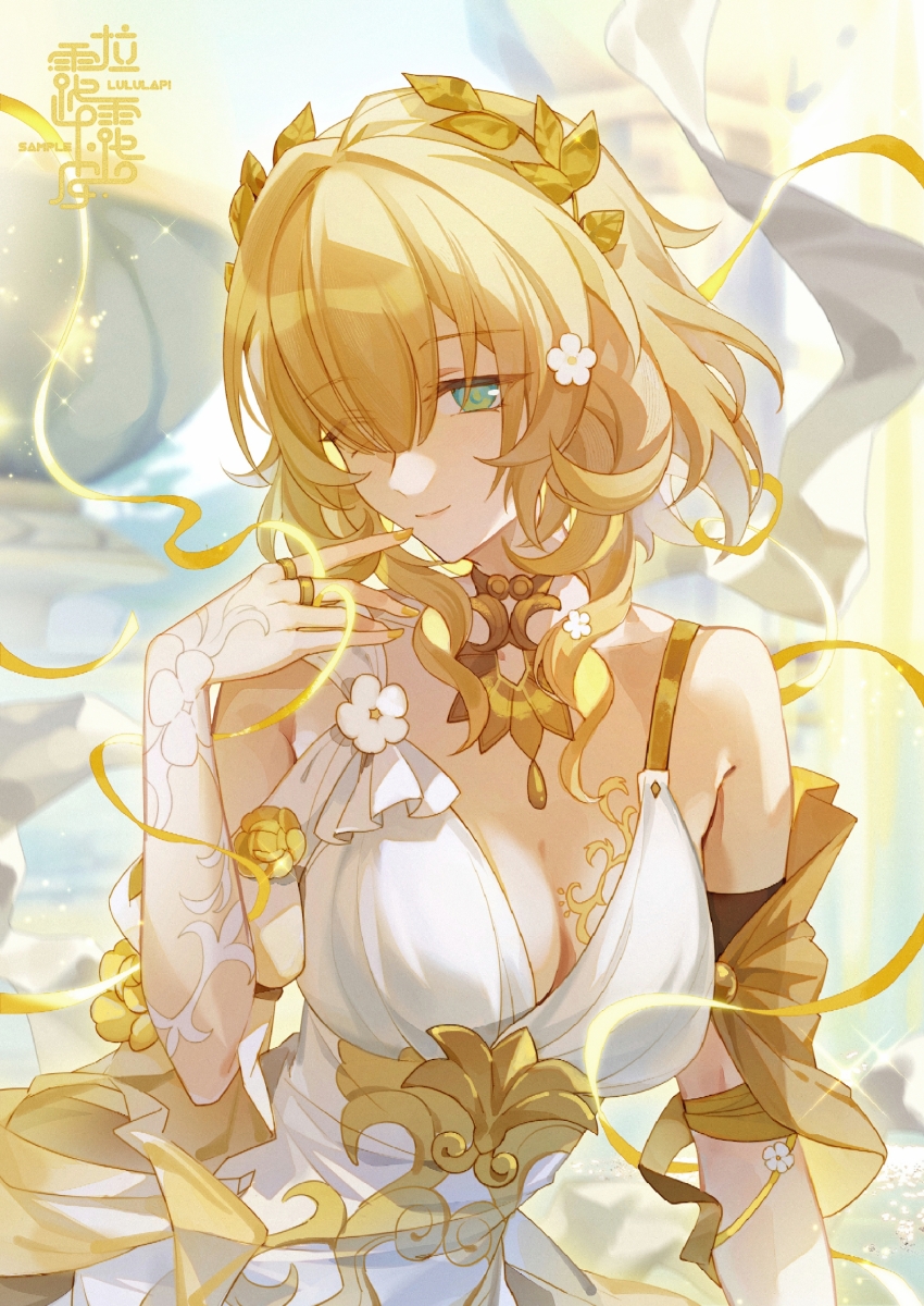 1girl absurdres aglaea_(honkai:_star_rail) ancient_greek_clothes architecture blonde_hair breast_tattoo dress eyes_visible_through_hair greco-roman_architecture greco-roman_clothes green_eyes hair_between_eyes highres honkai:_star_rail honkai_(series) jewelry laurel_crown nauxii ring short_hair solo stone_pillar tattoo thread upper_body white_dress yellow_nails