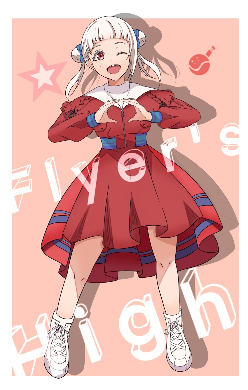 ;d absurdres arashi_chisato arched_bangs blush border character_logo circle_hands commentary_request double_bun dress drop_shadow flyer&#039;s_high_(love_live!) full_body hair_bun highres long_hair long_sleeves looking_at_viewer love_live! love_live!_superstar!! medium_dress official_alternate_costume one_eye_closed open_mouth orange_background puffy_long_sleeves puffy_sleeves red_dress red_eyes shita_ryo129 shoes smile sneakers song_name standing teeth twintails upper_teeth_only white_border white_hair white_shoes