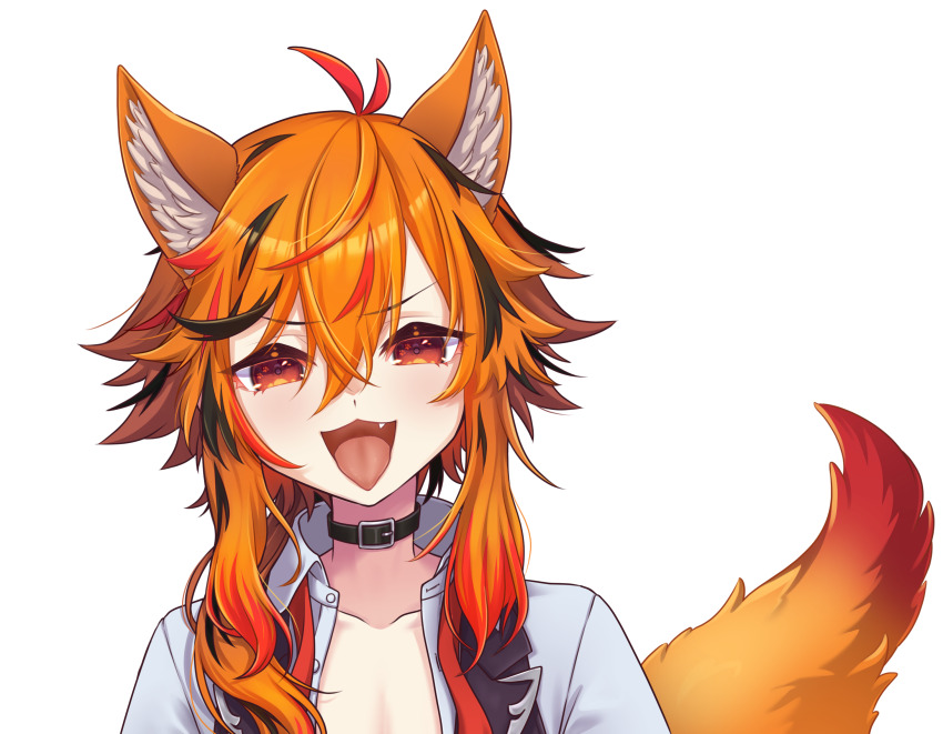 1girl animal_ears belt belt_collar black_belt black_hair black_vest collar collarbone fang fox_ears fox_girl fox_tail hair_between_eyes highres kazami_kuku kemonomimi_mode large_variant_set long_bangs long_hair looking_at_viewer multicolored_hair nanashi_inc. open_clothes open_shirt open_vest orange_eyes orange_hair red_hair reona_kfc02 shirt simple_background smile solo tail tongue tongue_out transparent_background upper_body v-shaped_eyebrows variant_set vest virtual_youtuber white_shirt