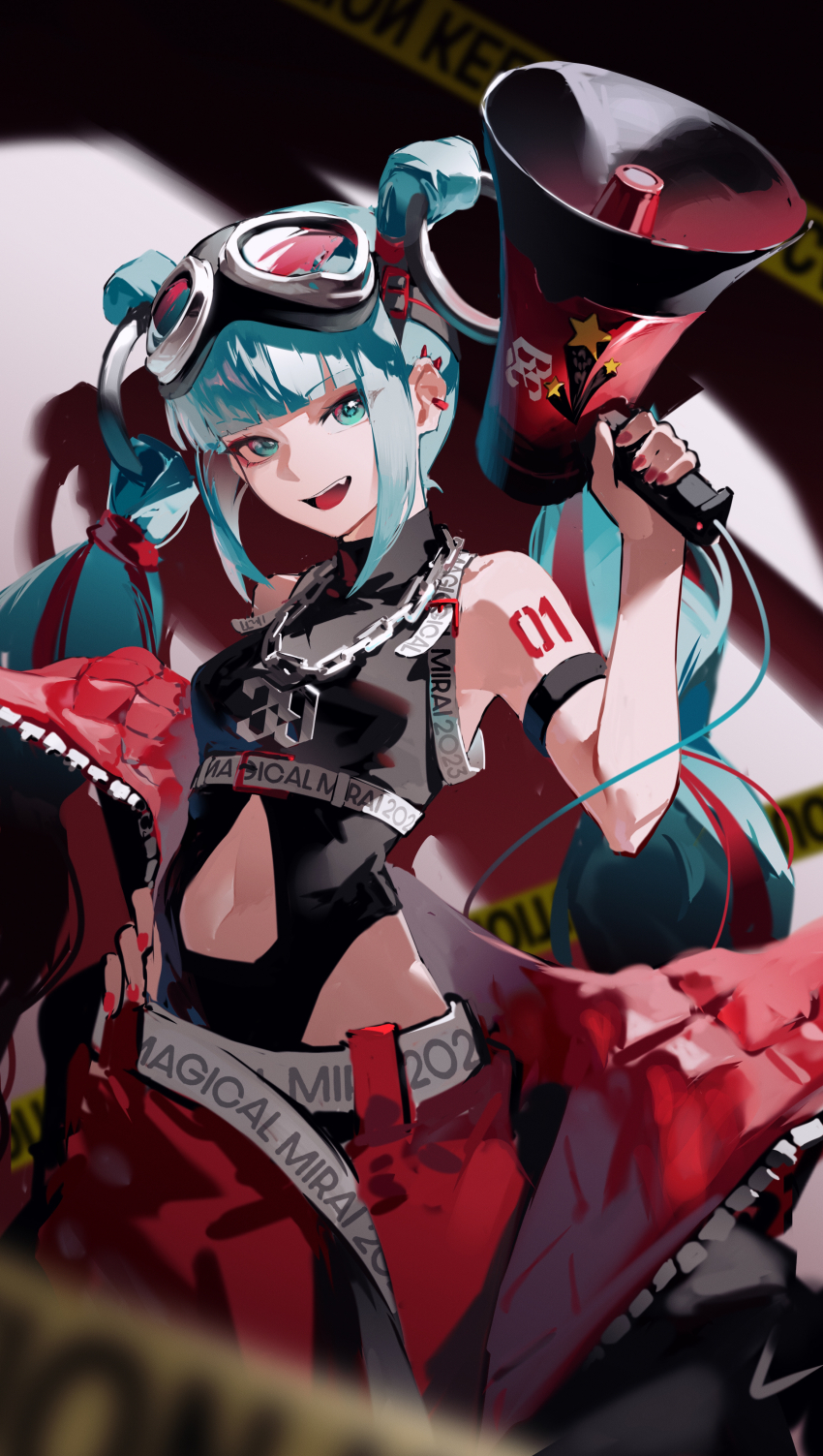 1girl 39 absurdres aqua_eyes aqua_hair arm_strap blunt_bangs chain chain_necklace clothing_cutout commentary eyewear_on_head hand_on_own_hip hatsune_miku highres holding holding_megaphone jewelry jiu_ye_sang looking_at_viewer magical_mirai_(vocaloid) magical_mirai_miku magical_mirai_miku_(2023) megaphone navel_cutout necklace off_shoulder open_mouth red_nails side_cutout sidelocks teeth twintails upper_teeth_only vocaloid