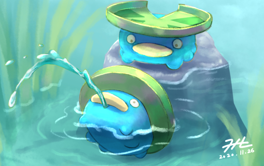 afloat commentary_request dated gen_3_pokemon looking_at_another looking_up lotad nintendo null_suke one-hour_drawing_challenge pokemon pokemon_(creature) rock signature water