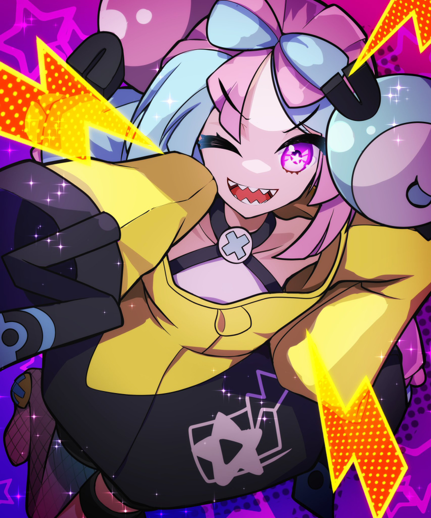 1girl ;d aqua_hair bow-shaped_hair character_hair_ornament collarbone commentary_request eyelashes hair_ornament highres iono_(pokemon) jacket long_hair long_sleeves looking_at_viewer nintendo one_eye_closed open_mouth pokemon pokemon_sv purple_eyes purple_hair sharp_teeth shirt single_leg_pantyhose sleeveless sleeveless_shirt sleeves_past_fingers sleeves_past_wrists smile solo sparkle star_(symbol) star_in_eye symbol_in_eye tamaron0710 teeth thigh_strap tongue white_shirt yellow_jacket