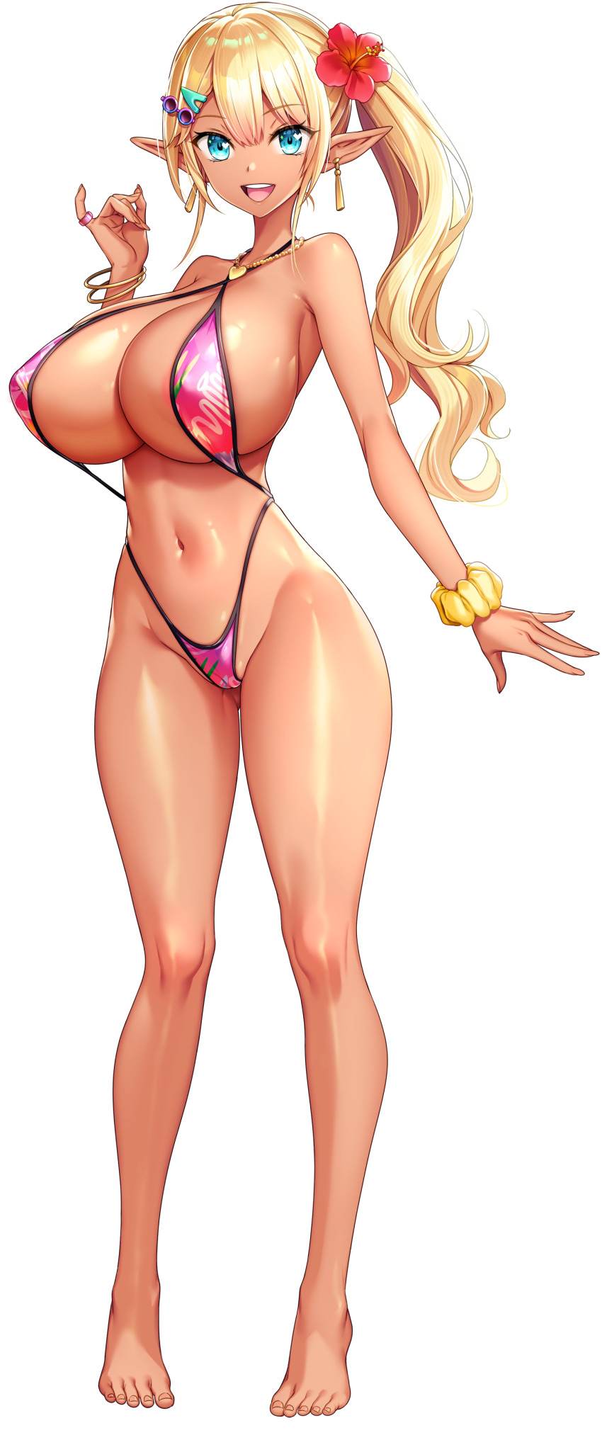 1girl absurdres akagi_rio areola_slip barefoot blonde_hair blue_eyes bracelet breasts cleavage dark-skinned_female dark_elf dark_skin elf flower full_body game_cg gyaru hair_flower hair_ornament hairclip highres huge_breasts jewelry long_hair long_pointy_ears looking_at_viewer milk_factory motto!_haramase!_honoo_no_oppai_isekai_oppai_maid_gakuen! multiple_bracelets myunmyun_lafleur navel necklace non-web_source official_art open_mouth pink_slingshot_swimsuit pointy_ears red_flower scrunchie side_ponytail sidelocks slingshot_swimsuit smile solo sprite standing strap_gap swimsuit tachi-e tan transparent_background wrist_scrunchie yellow_scrunchie