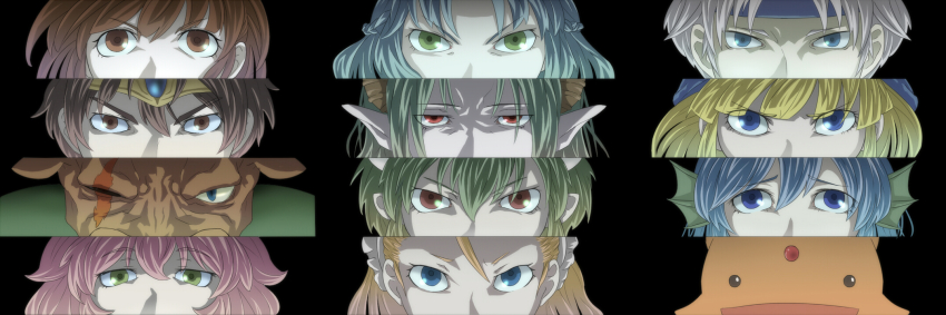 3boys 6+girls arle_nadja atlus blonde_hair blue_eyes blue_hair brown_eyes brown_hair carbuncle_(puyopuyo) compile creature draco_centauros green_eyes green_hair half_updo harpy_(puyopuyo) headband highres kikimora_(monster_monster) kikimora_(puyopuyo) kouzilow lagnus_the_brave long_image madou_monogatari minotaur minotaur_(puyopuyo) multiple_boys multiple_girls parody persona persona_eyes pink_hair puyopuyo red_eyes rulue_(puyopuyo) satan_(puyopuyo) scar schezo_wegey serilly_(puyopuyo) white_hair wide_image witch_(puyopuyo)