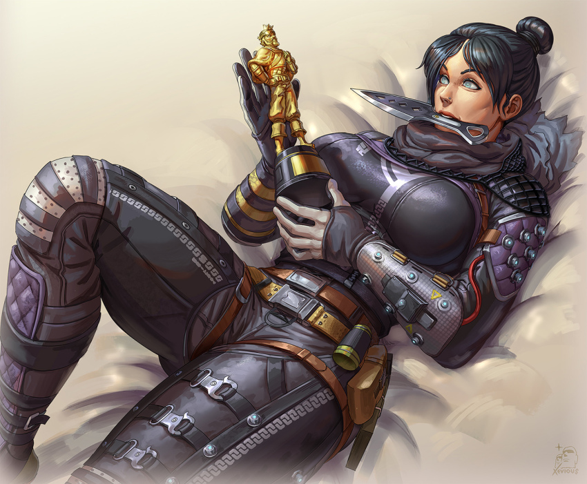 1girl apex_legends belt black_bodysuit black_gloves black_hair black_scarf blue_eyes bodysuit breasts brown_belt commentary commission english_commentary gloves hair_behind_ear hair_bun holding holding_trophy hope&#039;s_dusk_(apex_legends) kunai large_breasts lying mirage_(apex_legends) realistic scarf single_hair_bun solo thigh_belt thigh_strap too_much_witt trophy v-shaped_eyebrows weapon weapon_in_mouth xevious_(user_mrkh2888)