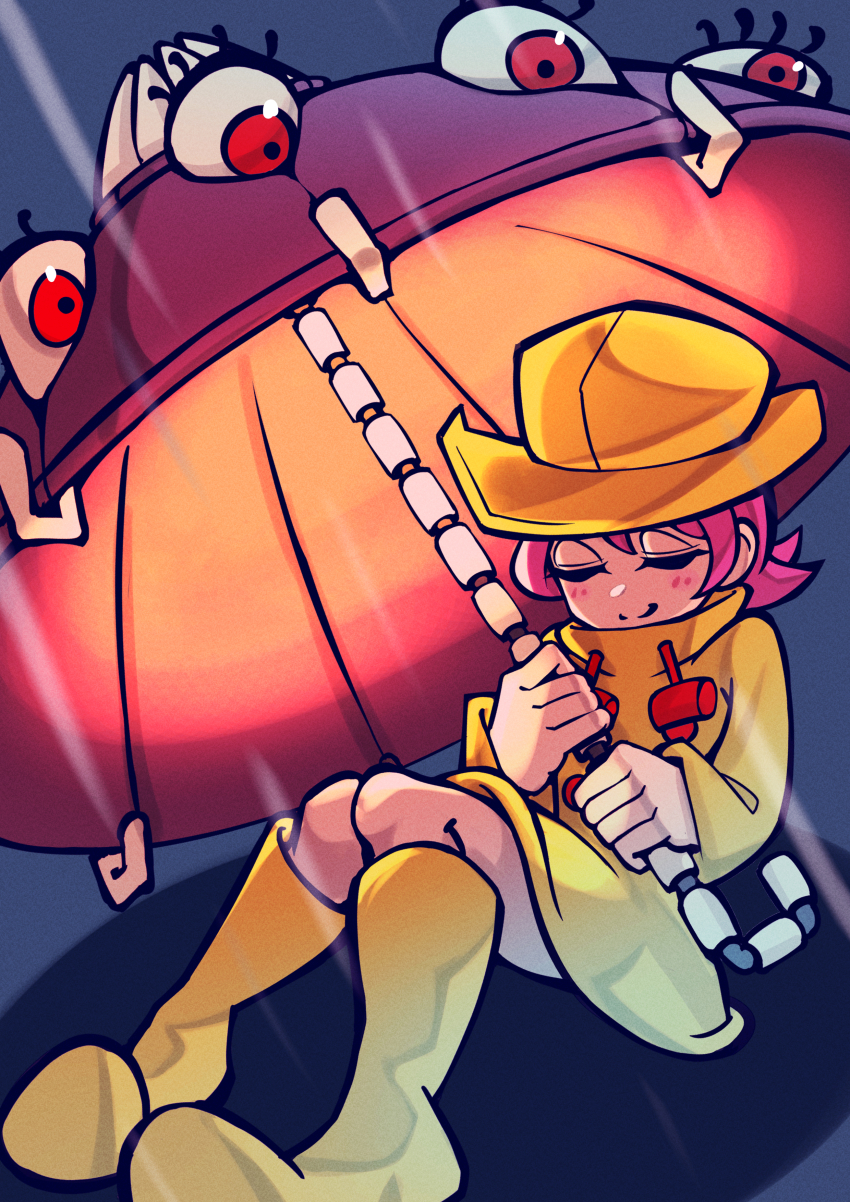 1girl absurdres blue_background blush boots buresu21 closed_eyes highres holding holding_umbrella hungern_(skullgirls) knees_together_feet_apart looking_at_another monster pink_hair rain raincoat red_eyes short_hair sitting skullgirls smile solo umbrella umbrella_(skullgirls)
