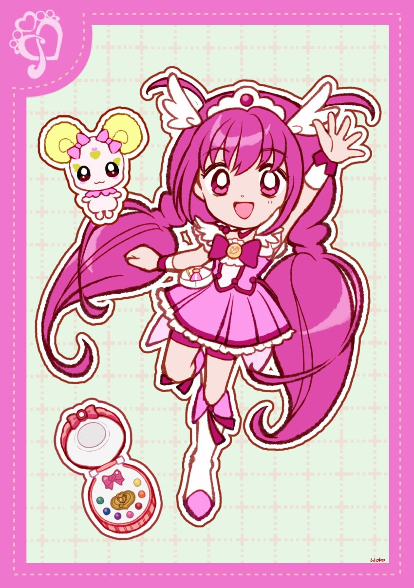 1girl arm_up bag_bow boots border bow bowtie bright_pupils brooch candy_(smile_precure!) clenched_hand coattails compact_(cosmetics) cosmetics cure_happy deformed dot_nose dotted_line feather-trimmed_sleeves footwear_ribbon frilled_skirt frills full_body grey_background grid_background hair_between_eyes hair_ornament happy highres hoshizora_miyuki jewelry knee_boots leg_up long_hair low_twintails magical_girl miniskirt open_mouth outline pink_border pink_bow pink_bowtie pink_eyes pink_hair pink_ribbon pink_shirt pink_shorts pink_skirt pink_wrist_cuffs pleated_skirt precure ribbon shirt short_sleeves shorts shorts_under_skirt signature single_stripe skirt skirt_set smile smile_precure! striped_bow tareme tiara twintails twintails_with_hair_base uwded_207 very_long_hair waist_bag white_arm_warmers white_bag white_boots white_outline white_pupils white_sleeves wing_hair_ornament wrist_cuffs