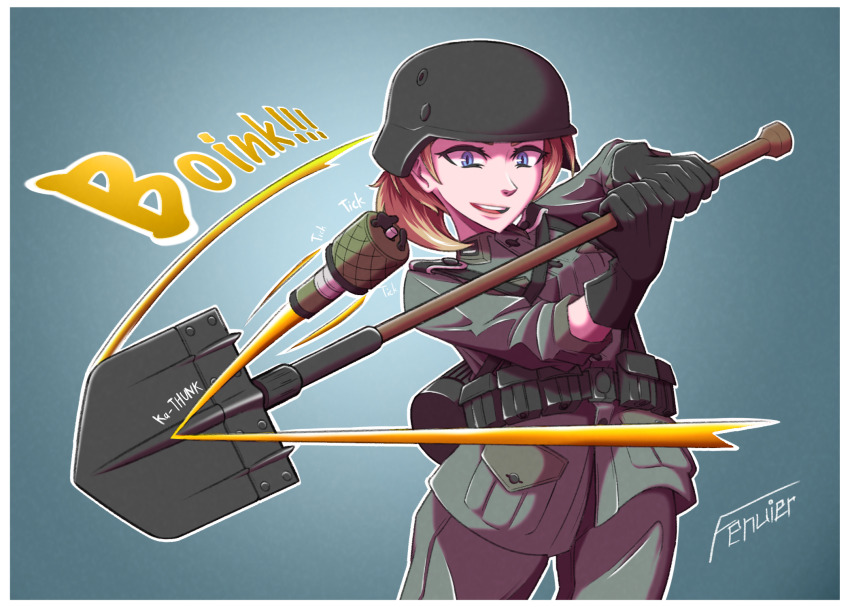 1girl bandolier batting_stance belt blonde_hair blue_eyes bouncing buttons deflect english_text fenuier german_army german_clothes germany helmet highres military military_uniform original pocket rivets simple_background soldier sound_effects world_war_ii