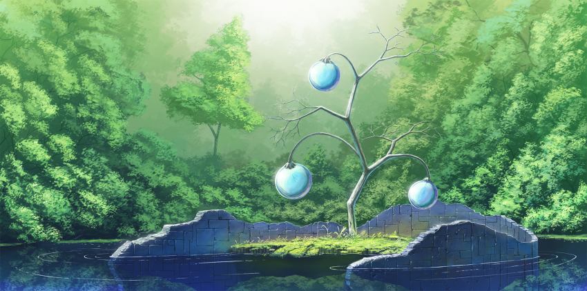 branch bush day food forest fruit grass highres moss nature no_humans original outdoors plant pond reflection reflective_water scenery sunlight tree water yamakou_(yamakou_e2)