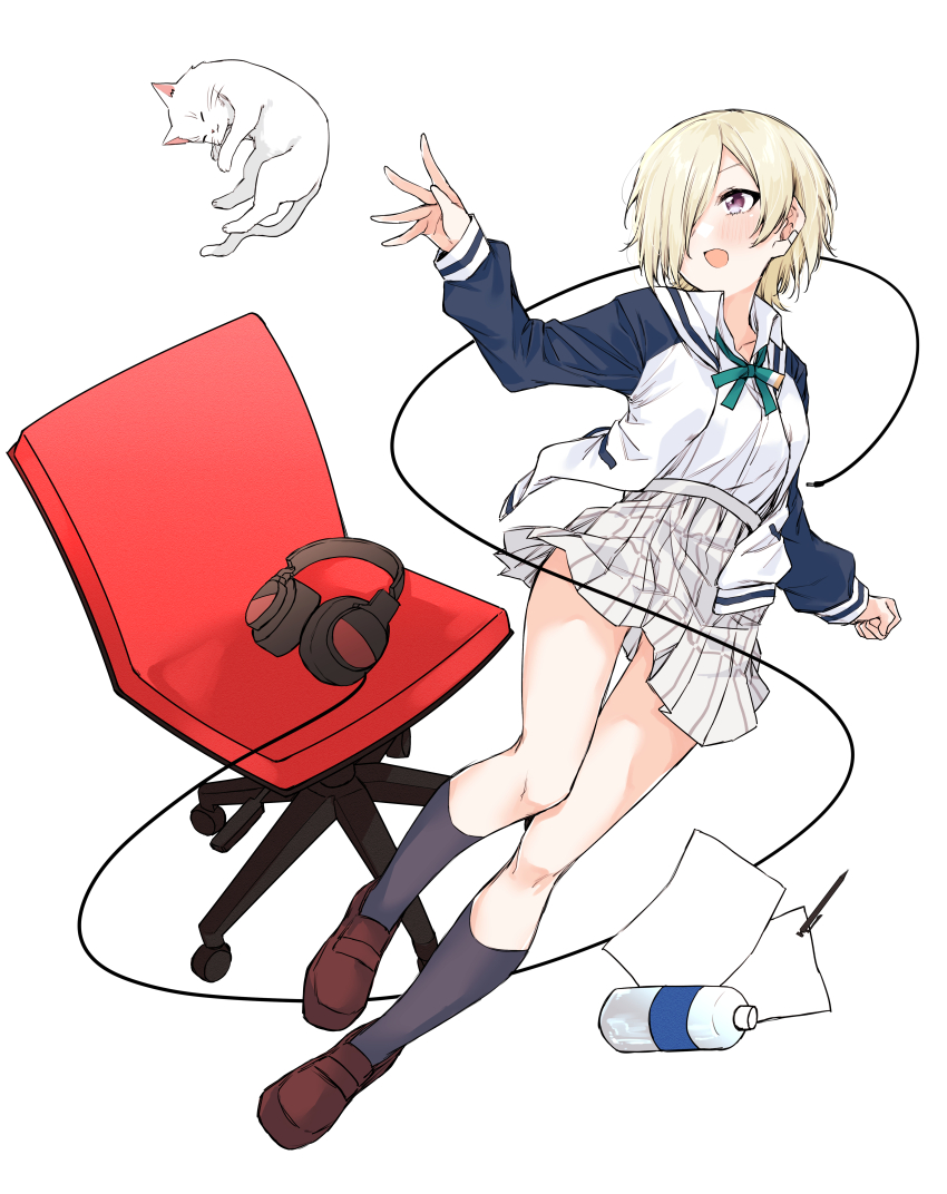 1girl absurdres blonde_hair blush bottle brown_shoes cat chair clenched_hand collarbone collared_shirt commentary_request ear_piercing full_body green_ribbon hair_over_one_eye hanpen_(love_live!) headphones highres jacket kneehighs loafers long_sleeves love_live! love_live!_nijigasaki_high_school_idol_club mia_taylor neck_ribbon nijigasaki_school_uniform one_eye_covered open_clothes open_jacket open_mouth paper pen piercing plaid_clothes plaid_skirt pleated_skirt purple_eyes purple_socks ribbon scanning school_uniform shirt shoes short_hair skirt socks solo water_bottle white_background white_cat white_jacket white_shirt white_skirt winter_uniform