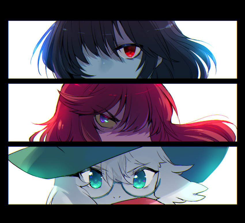 1boy 1girl 1other animal_ears aqua_eyes black_border black_hair blue_skin border colored_skin deltarune eye_focus glasses goat_ears green-framed_eyewear highres komugiko_(bitte_komu) kris_(dark_world)_(deltarune) kris_(deltarune) looking_at_viewer pink_skin portrait purple_eyes purple_hair ralsei red_eyes round_eyewear simple_background white_background