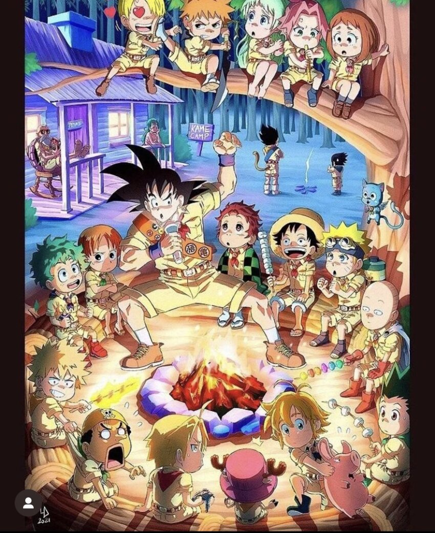 6+boys 6+girls aged_down bakugou_katsuki bald beard black_hair bleach blonde_hair boku_no_hero_academia brown_hair bulma campfire camping child commentary_request crossover dragon_ball dragonball_z elizabeth_liones facial_hair fairy_tail flashlight flute food gloves gon_freecss green_hair happy_(fairy_tail) haruno_sakura hat hawk_(nanatsu_no_taizai) heart heart-shaped_pupils highres hunter_x_hunter in_tree instrument kamado_tanjirou kimetsu_no_yaiba kurosaki_ichigo male_focus marshmallow meliodas midoriya_izuku monkey_d._luffy monkey_tail multiple_boys multiple_girls muten_roushi nami_(one_piece) nanatsu_no_taizai naruto_(series) one-punch_man one_piece open_mouth orange_hair outdoors pink_hair red_footwear red_gloves saitama_(one-punch_man) sanji_(one_piece) shonen_jump short_hair shorts shueisha sitting sitting_in_tree smile son_goku spiked_hair straw_hat sunglasses surgeonofdepth symbol-shaped_pupils tail tony_tony_chopper tree uchiha_sasuke uraraka_ochako usopp uzumaki_naruto vegeta