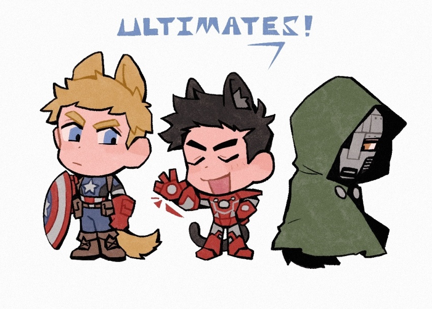 3boys animal_ears arc_reactor armor avengers_(series) belt black_hair blonde_hair blue_bodysuit blue_eyes bodysuit boots brown_belt brown_boots cape captain_america cat_ears cat_tail chibi chibi_only closed_eyes closed_mouth doctor_doom dog_ears dog_tail english_text full_armor full_body gloves green_cape grey_armor hand_on_own_hip hand_up helmet holding holding_shield hood hooded_cape iron_man kemonomimi_mode looking_at_another male_focus marvel multiple_boys open_mouth pocket power_armor red_armor red_gloves shield short_hair simple_background smile standing star_(symbol) star_print steve_rogers superhero_costume tail tony_stark two-tone_armor vertical-striped_bodysuit weibo_7899261198 white_background