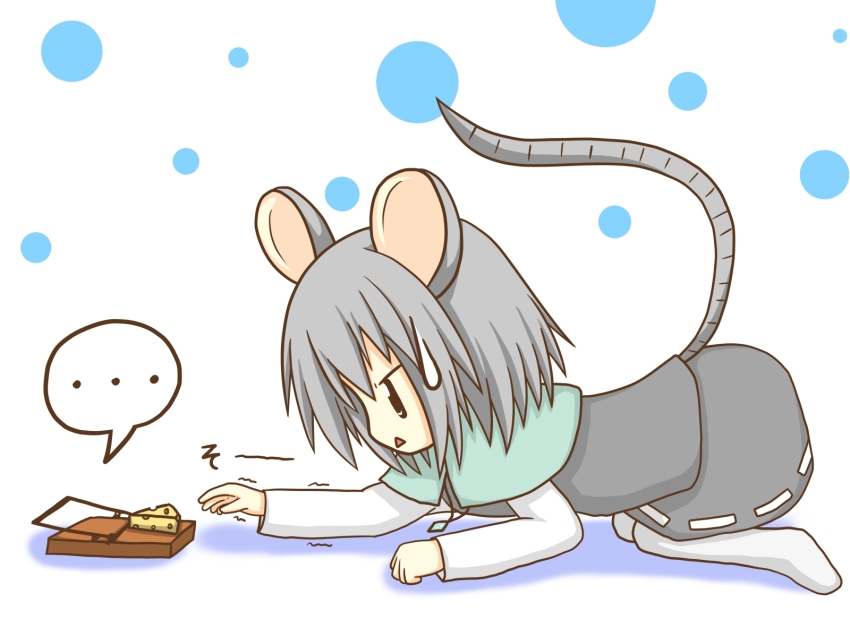 ... 1girl animal_ears cheese female_focus food grey_hair hestia hestia_(neko_itachi) highres jewelry long_sleeves mouse_ears mouse_tail mousetrap nazrin pendant short_hair solo sweatdrop tail touhou