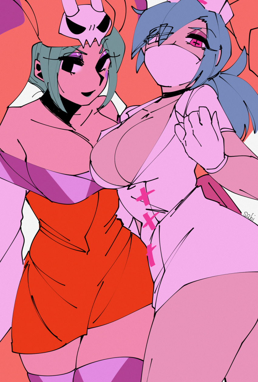 2girls aqua_hair blue_hair breasts cerebella_(skullgirls) dress gloves hat highres large_breasts looking_at_viewer mask multiple_girls nurse_cap orange_dress red_eyes sabi short_dress skullgirls valentine_(skullgirls) white_background