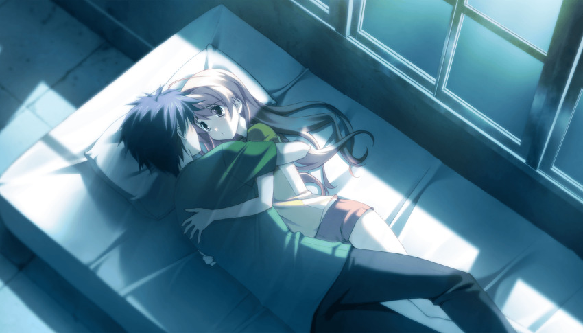 1boy 1girl :o antenna_hair black_pants blue_hair blurry blurry_background blush casual chaos;head chaos;head_love_chu_chu! couple eye_contact from_behind game_cg green_shirt head_on_pillow hetero highres hug interlocked_legs long_hair looking_at_another lying matsuo_yukihiro messy_hair moonlight night nishijou_takumi non-web_source official_art on_bed on_side open_mouth pants pillow pink_eyes pink_hair pink_shorts sakihata_rimi shiny_eyes shiny_skin shirt short_hair short_sleeves shorts spiked_hair tile_floor tiles window yellow_shirt
