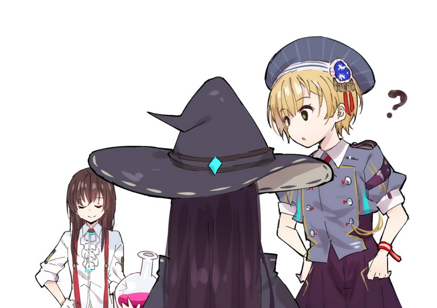 3girls black_hair blonde_hair brown_hair green_eyes hat heaven_burns_red lliissaawwuu2 long_hair maruyama_kanata multiple_girls shirt short_hair skirt suspenders tenne_miko very_long_hair white_shirt witch_hat yanagi_mion