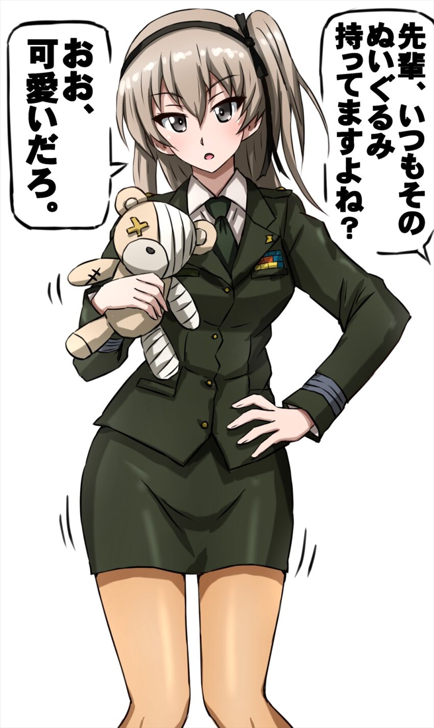 1girl aged_up black_necktie black_ribbon blazer boko_(girls_und_panzer) brown_eyes brown_hair commentary cowboy_shot dress_shirt girls_und_panzer green_jacket green_skirt hair_ribbon hand_on_own_hip highres holding holding_stuffed_toy jacket japan_ground_self-defense_force japan_self-defense_force long_hair long_sleeves looking_at_viewer military military_uniform miniskirt motion_lines necktie omachi_(slabco) one_side_up open_mouth pantyhose pencil_skirt ribbon sheer_pantyhose shimada_arisu shirt simple_background skirt solo standing stuffed_animal stuffed_toy teddy_bear translated white_background white_shirt