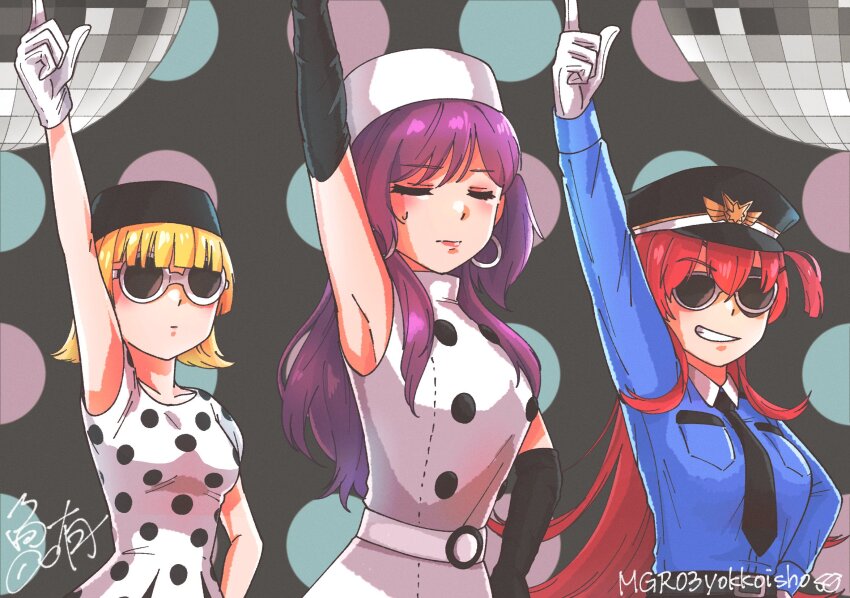 3girls ahoge alternate_costume asami_makiko_(heaven_burns_red) blonde_hair breasts collared_shirt copyright_request crossover dress earrings eyepatch green_eyes heaven_burns_red highres jacket jewelry long_sleeves mgr03 multiple_girls nanase_nanami_(heaven_burns_red) purple_hair red_hair shirt short_hair single_earring tezuka_saki